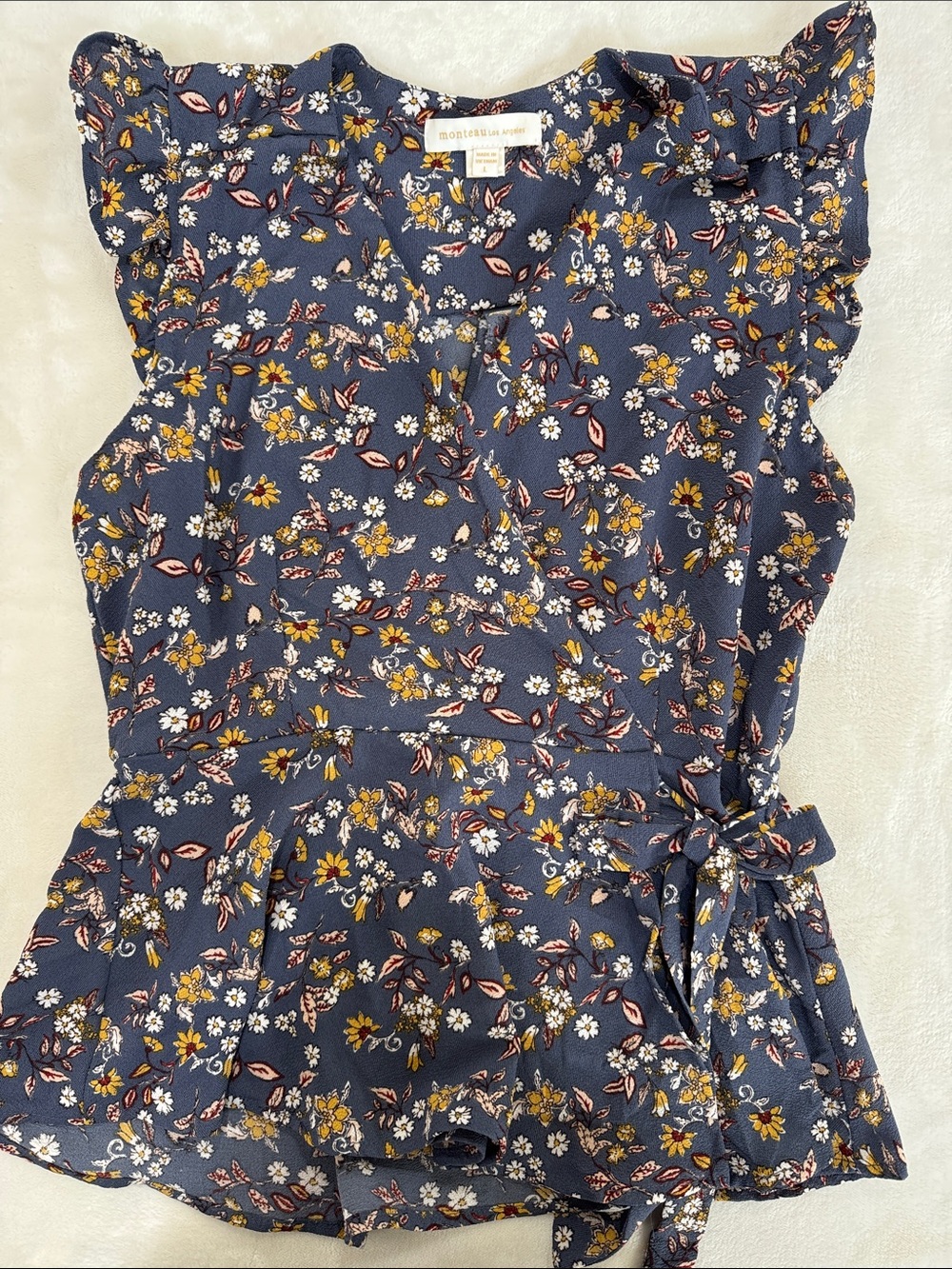 Monteau Los Angeles Top Floral Ruffle Sleeve Wrap Top in Navy